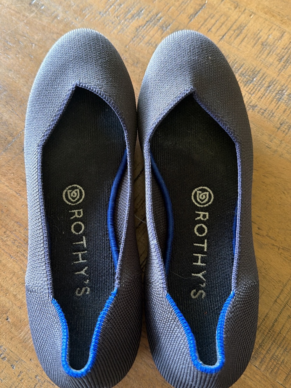 Rothy's Light Black/Dark Gray Knit Slip-On Ballet Flat with Blue Trim